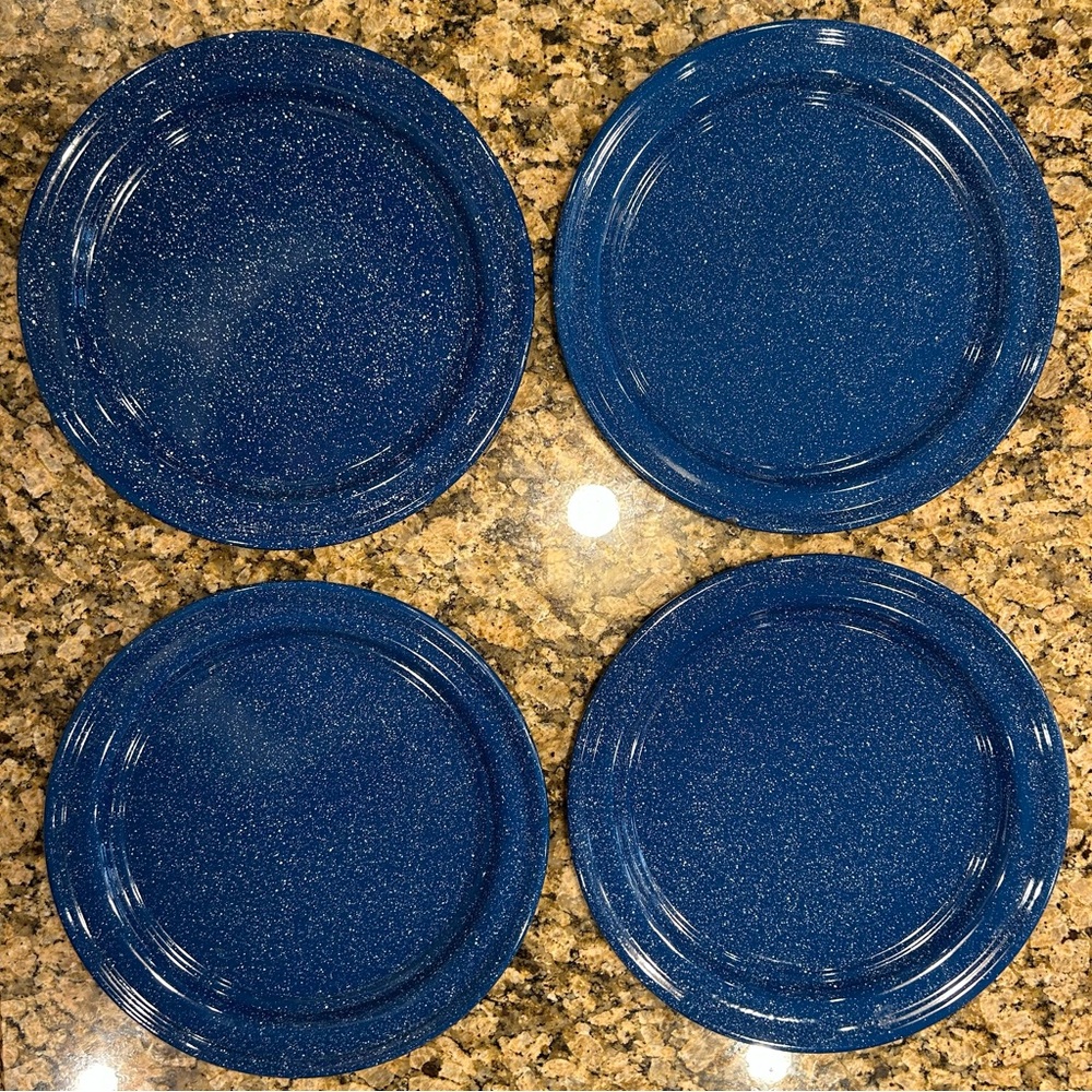 Blue speckled enamelware plates - set of 4
